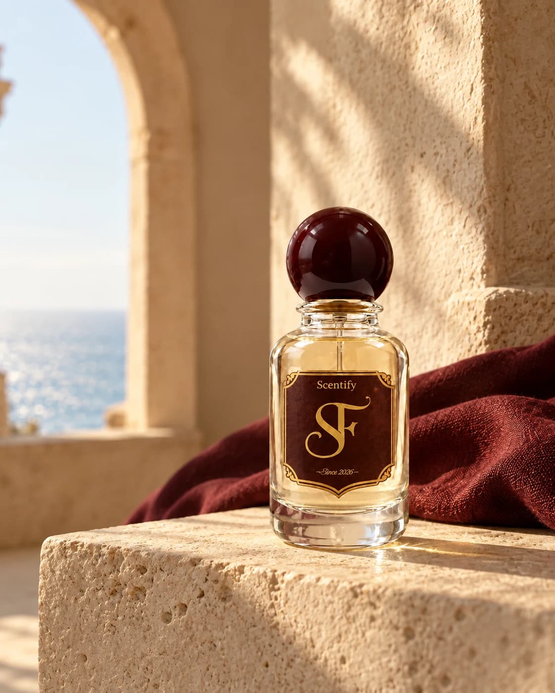 Scentify perfume bottle in warm coastal light